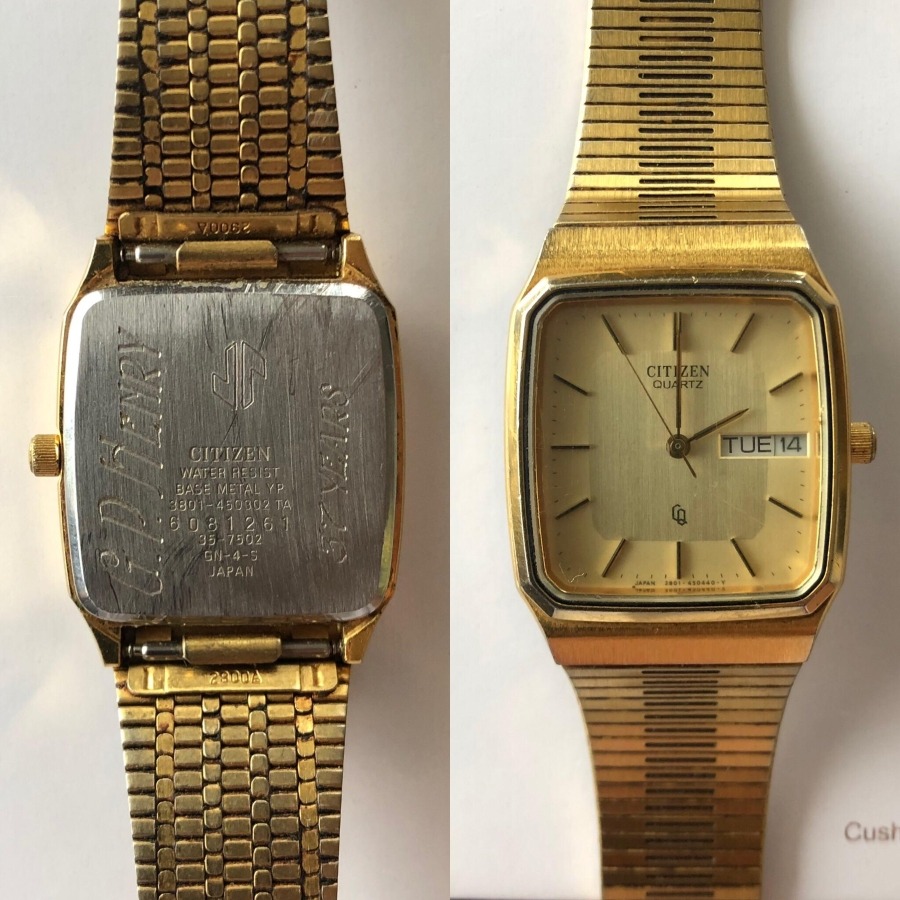 Hai mặt trước sau của đồng hồ Citizen Quartz cũ màu vàng mặt vuông dây kim loại với nắp lưng khắc chi tiết.