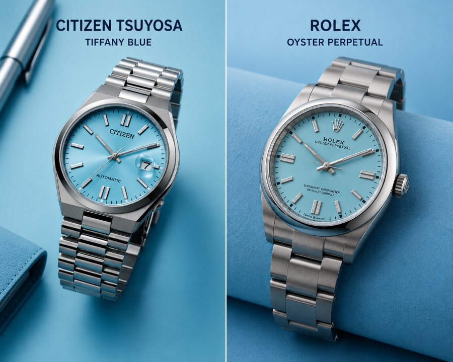 So sánh Citizen Tsuyosa Tiffany Blue và Rolex Oyster Perpetual với mặt số xanh cùng phong cách thể thao sang trọng.