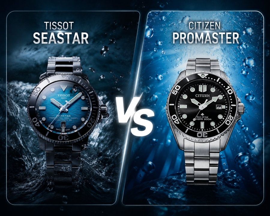 Tissot Seastar và Citizen Promaster đặt cạnh nhau, thể hiện khác biệt giữa diver Thụy Sỹ chỉn chu và tool watch Nhật bền bỉ ngoài trời.