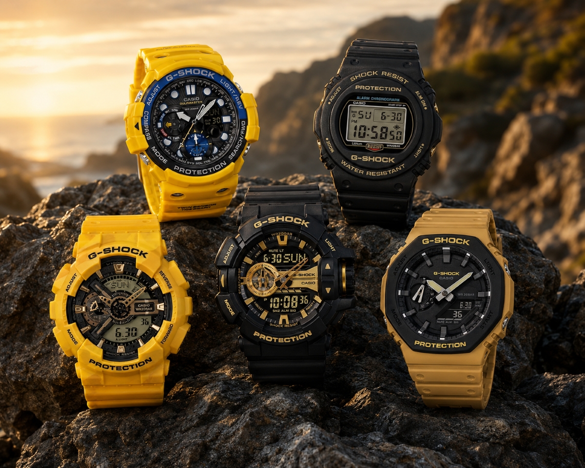 Năm mẫu G-Shock đen vàng nổi bật.
