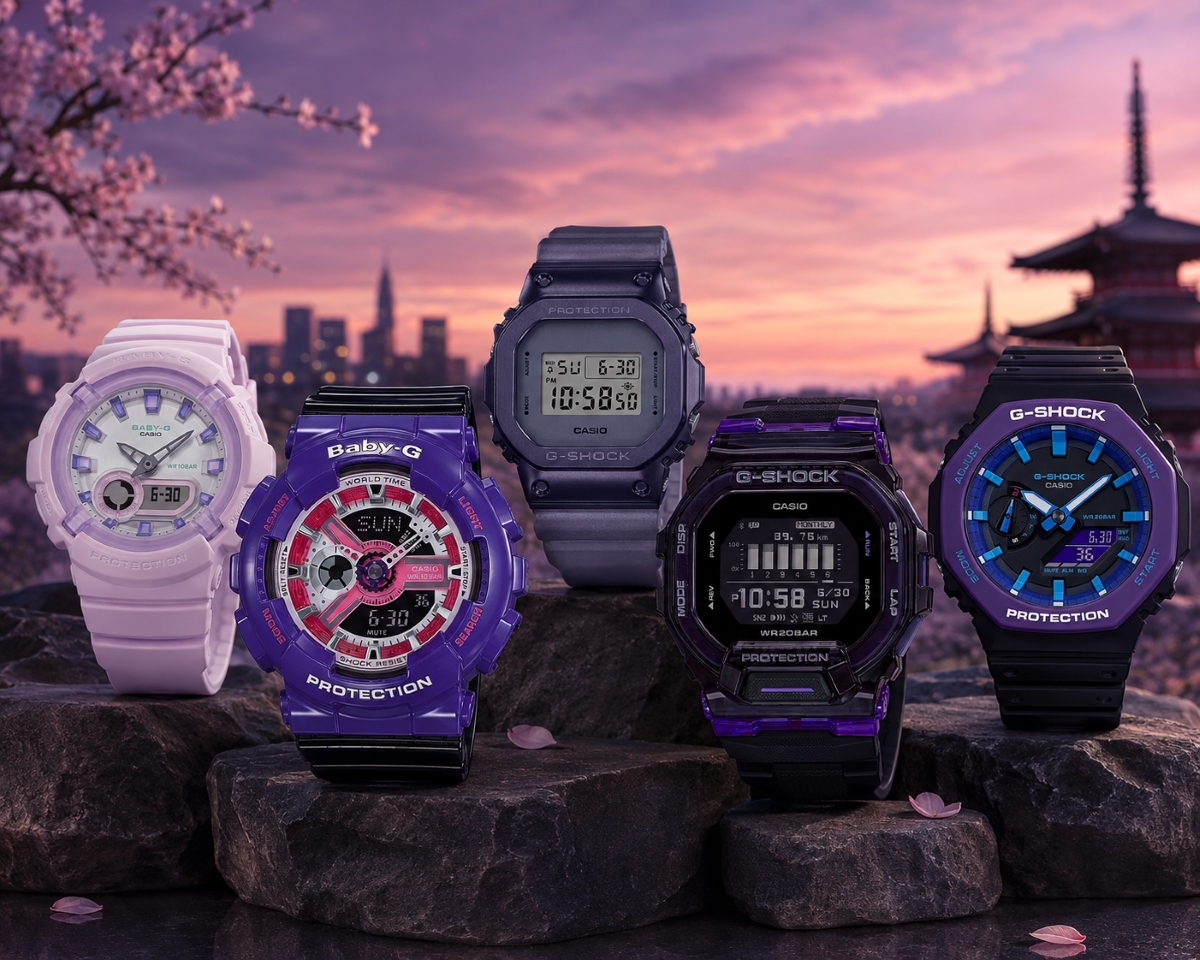 Năm mẫu đồng hồ G-Shock màu tím nhiều phong cách.