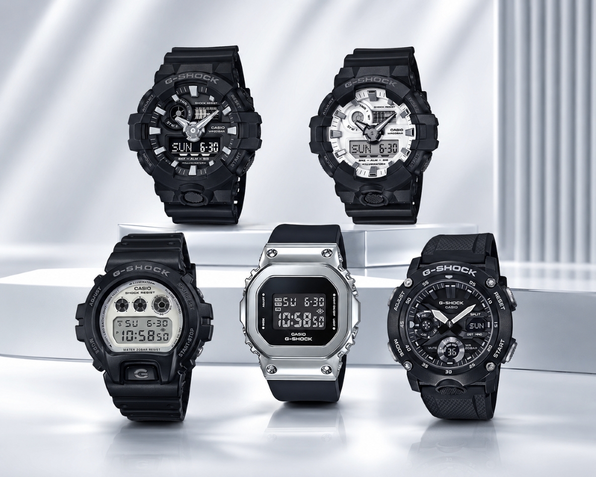 Năm mẫu G-Shock trắng đen tối giản.