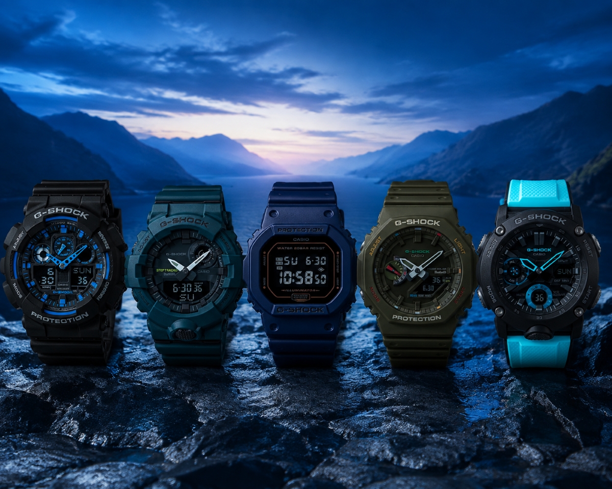 Năm mẫu đồng hồ G-Shock màu xanh.
