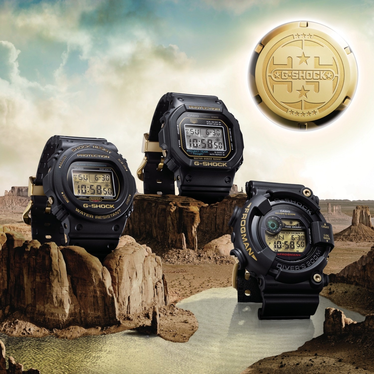Ba chiếc đồng hồ đen phối vàng nổi bật của G-Shock.
