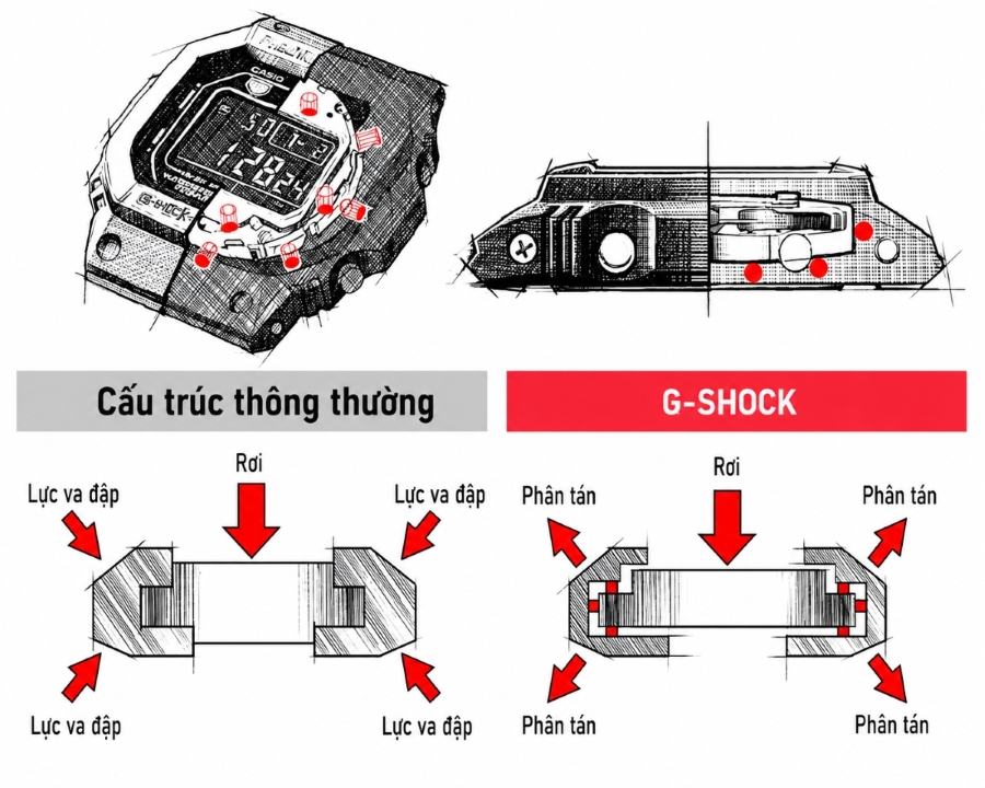Cấu trúc chống sốc đặc trưng trên nhiều mẫu G-Shock.