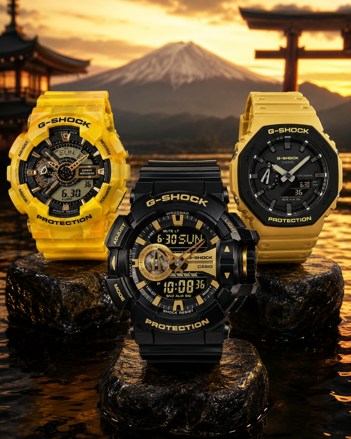 Ba mẫu G-Shock đen phối vàng GA-110CM-9ADR, GA-400GB-1A9DR và GA-2110SU-9ADR.