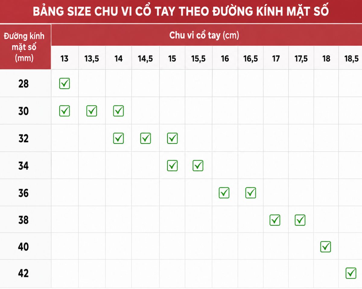Bảng size đồng hồ theo chu vi cổ tay
