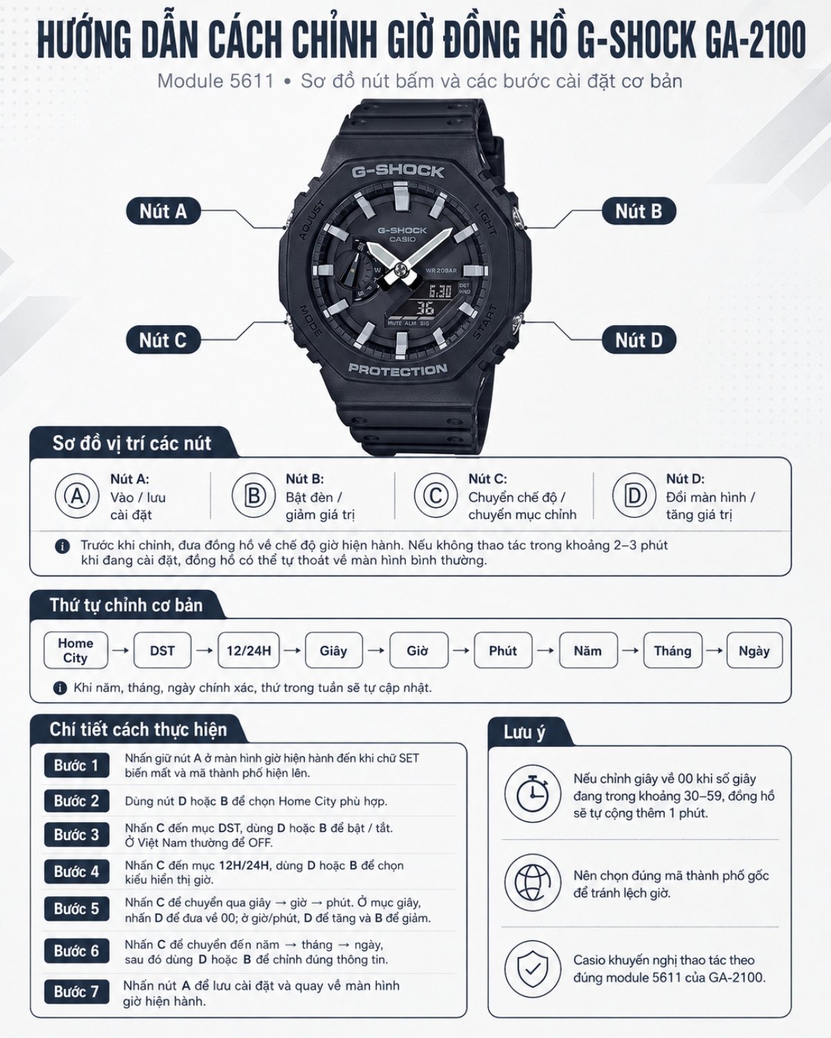Hướng dẫn chỉnh giờ đồng hồ G-Shock GA-2100.