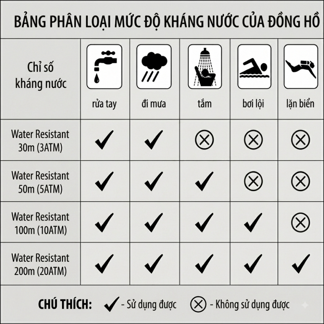 Các mức độ chống nước trên đồng hồ