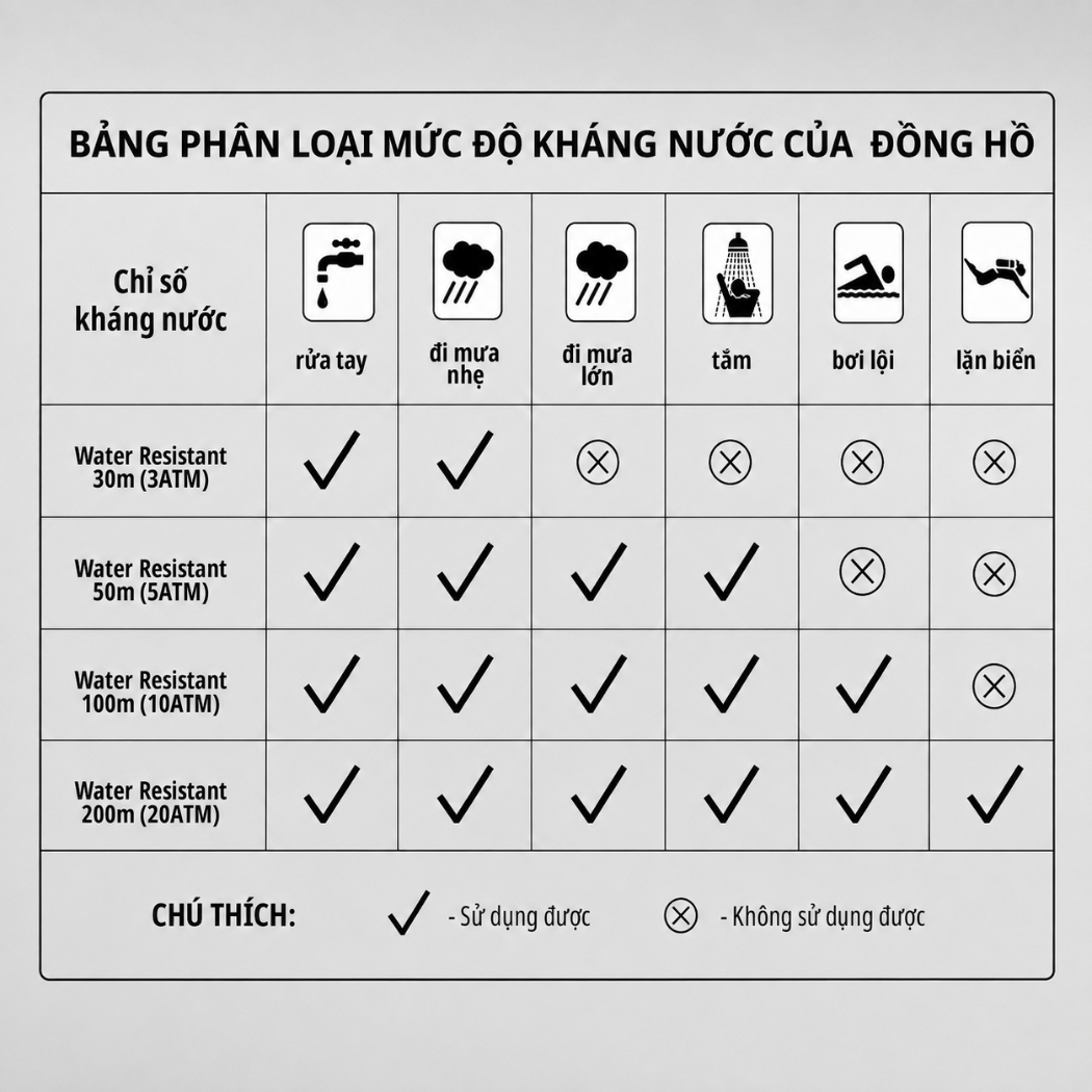 bảng phân loại mức độ chống nước của Orient