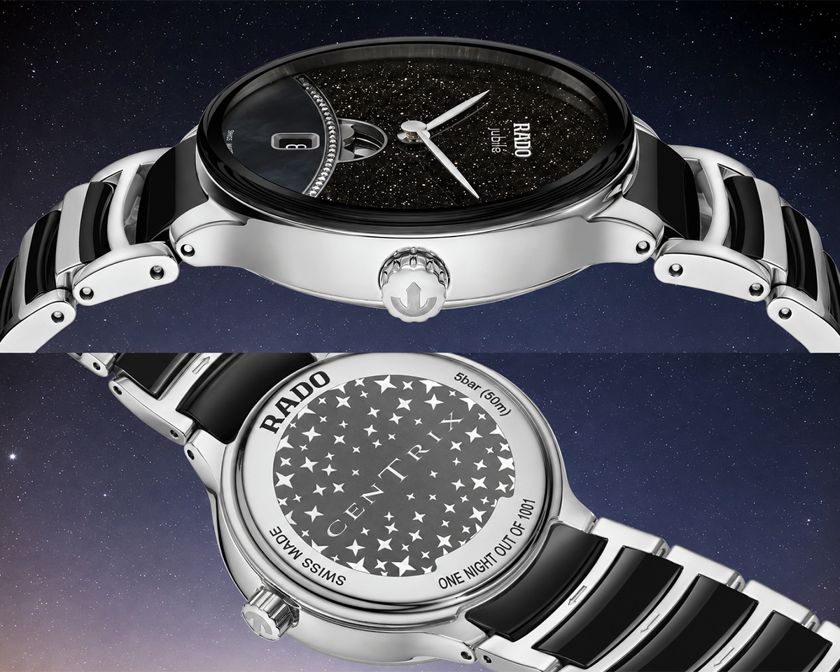 Rado Centrix Moonphase với mặt số xà cừ, lịch tuần trăng và 12 cọc giờ bằng kim cương Top Wesselton.