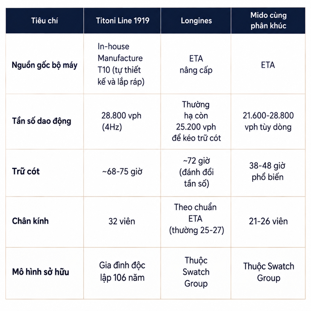 Titoni Line 1919 so với các đối thủ cùng phân khúc