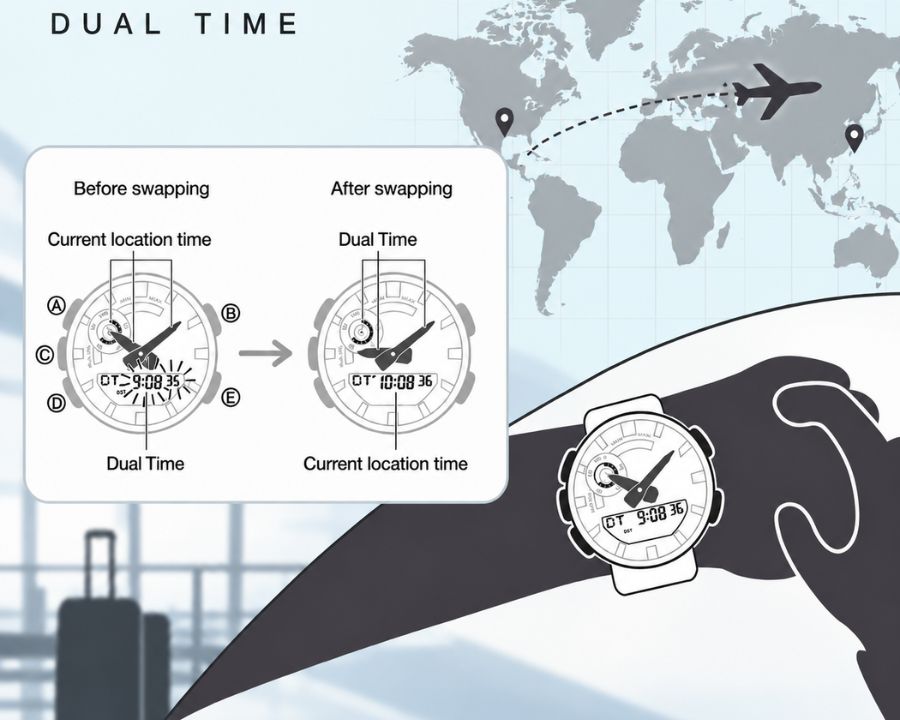 Dual Time hiển thị song song giờ tại quê nhà và giờ địa phương
