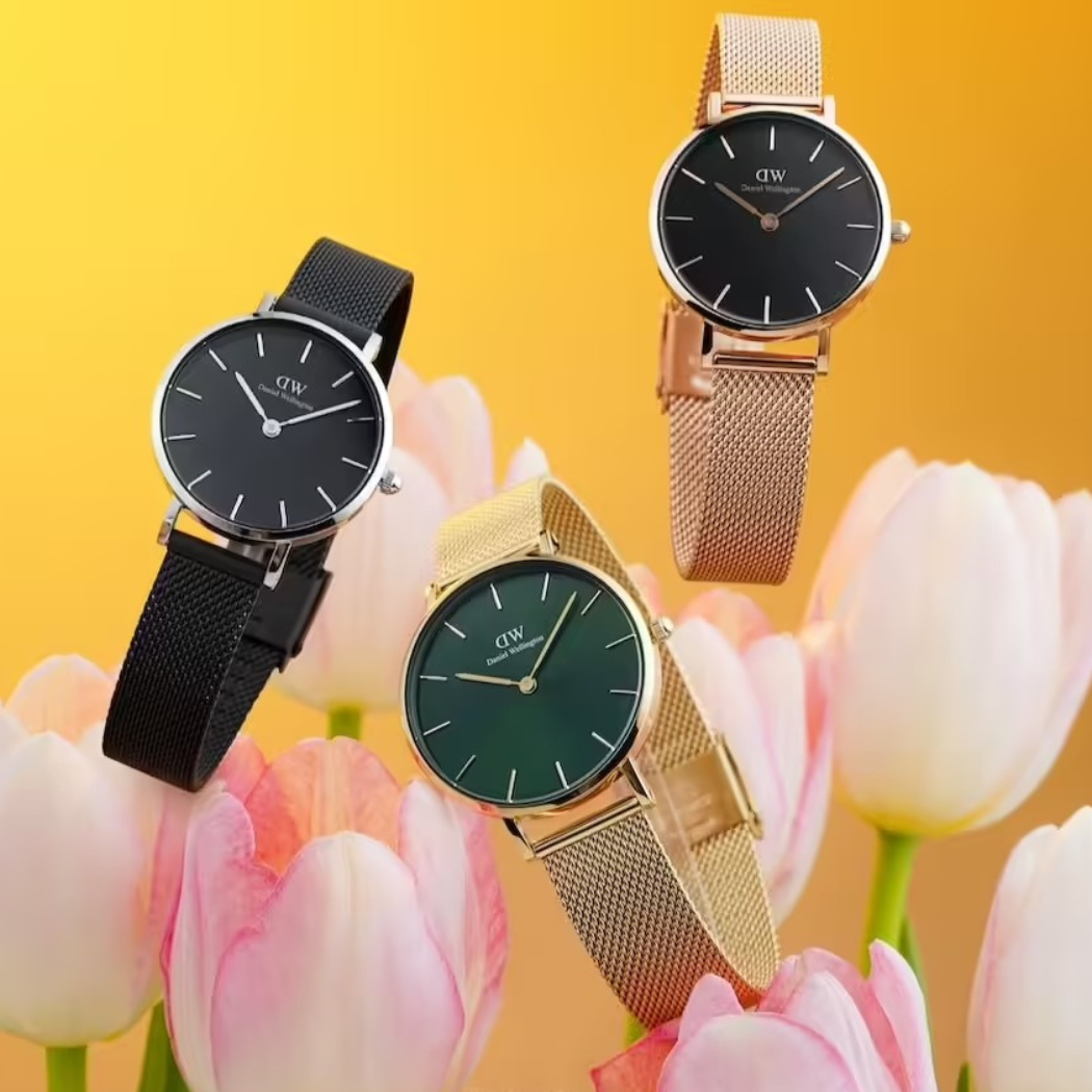 Đồng hồ Daniel Wellington đa dạng màu sắc dây đeo từ đen, vàng, vàng hồng theo thứ tự từ trái sang phải