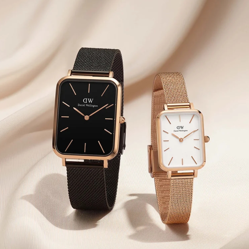 Đồng hồ Daniel Wellington Quadro dây lưới Mesh màu đen, hồng từ trái sang phải
