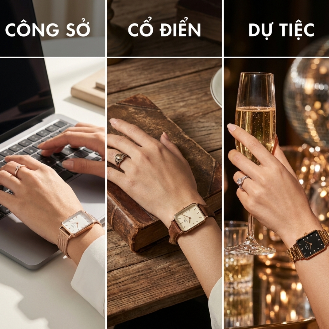 Đồng hồ Daniel Wellington trong các phong cách sử dụng khác nhau từ công sở, cổ điển, dự tiệc, từ trái sang phải