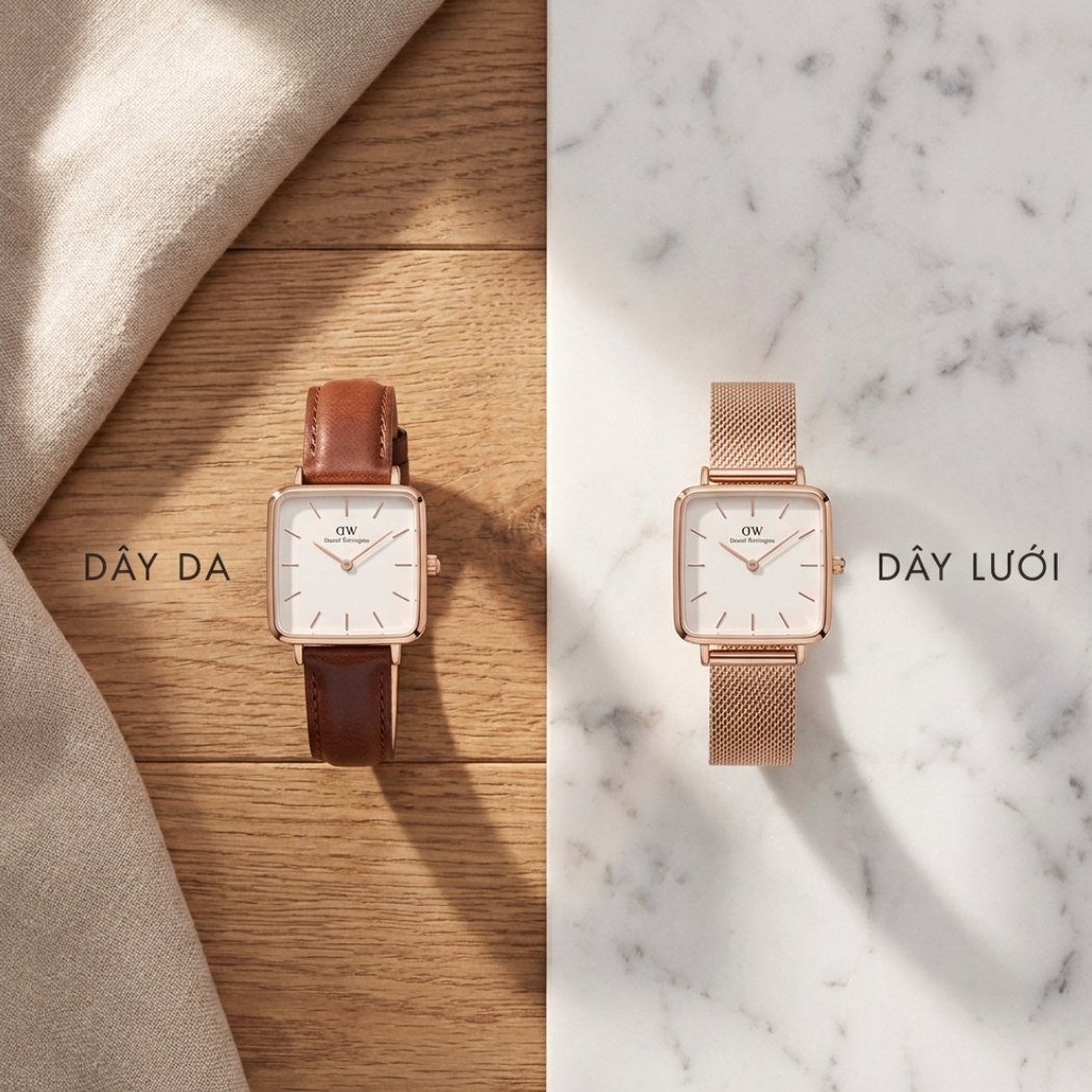 2 chất liệu dây da và dây lưới của đồng hồ Daniel Wellington, dây da bên trái, dây lưới bên phải