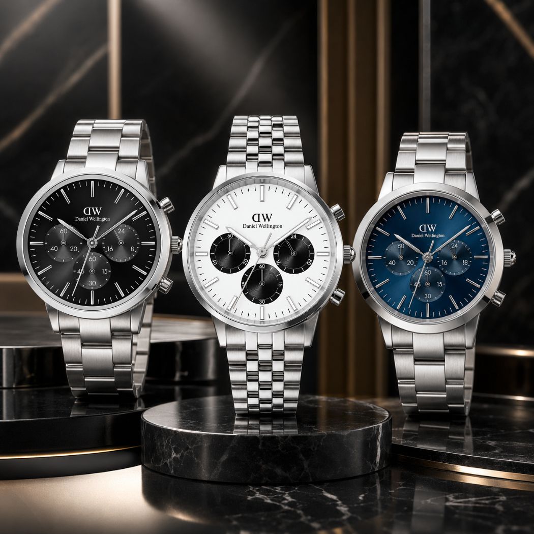Các mẫu Daniel Wellington DW00100645, Daniel Wellington Chronograph DW00100872, Daniel Wellington DW00100644 theo thứ tự từ trái sang phải 
