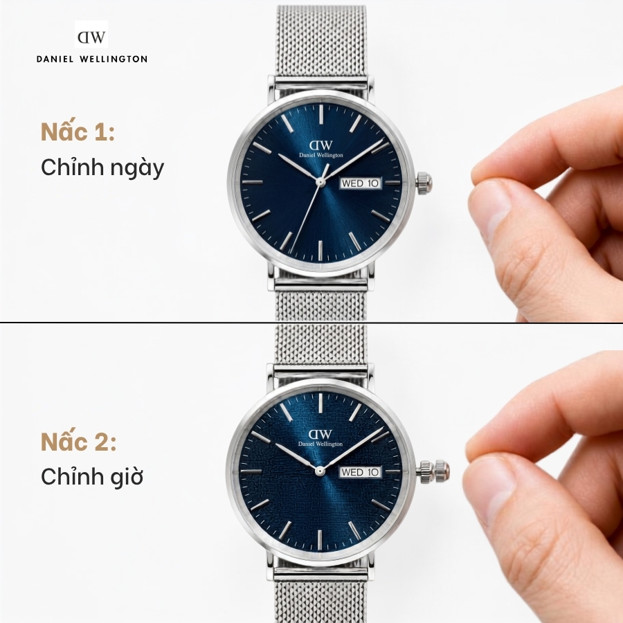 Cách điều chỉnh núm đồng hồ để chỉnh ngày nấc 1, chính giờ nấc 2
