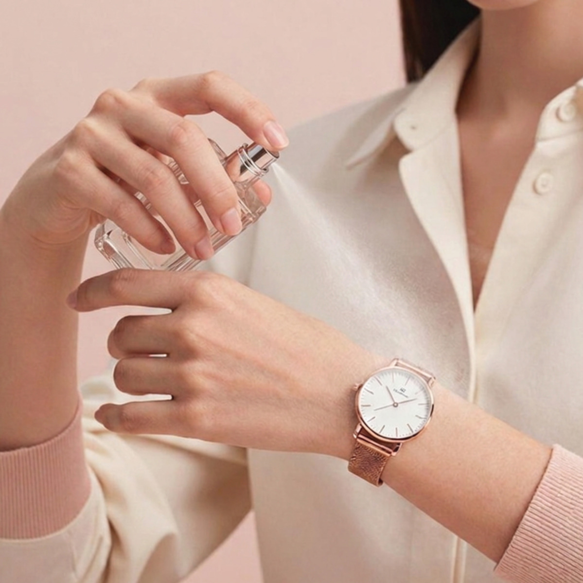 Người đang xịt nước hoa lên cổ tay có đeo đồng hồ Daniel Wellington