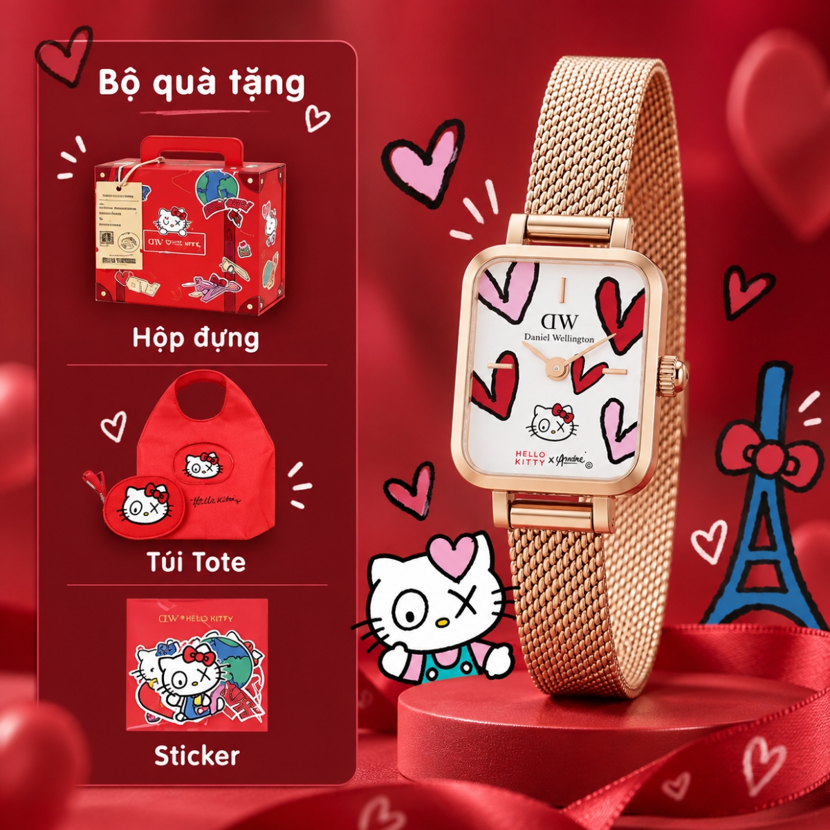 Bộ Quà Tặng Daniel Wellington Quadro Mini x Hello Kitty DW00502005