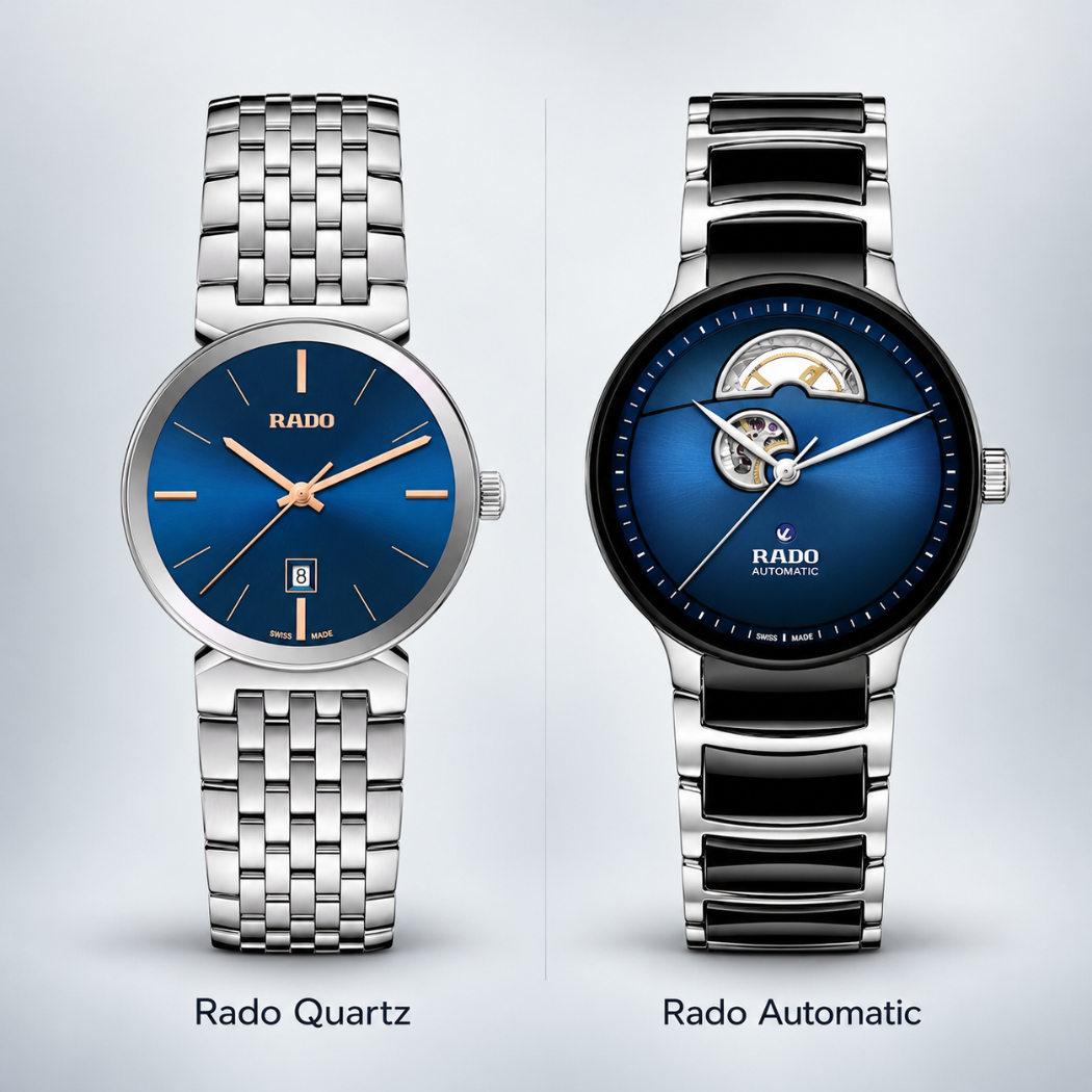 Thiết kế đồng hồ Rado Quartz và đồng hồ cơ Rado từ trái qua phải