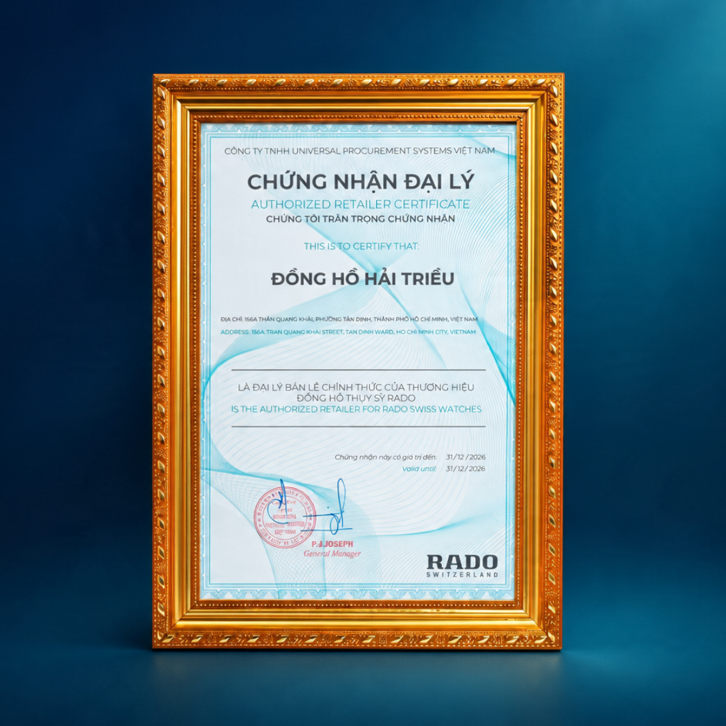 Giấy chứng nhận đại lý bán lẻ chính thức của Rado trưng bày tại Đồng Hồ Hải Triều