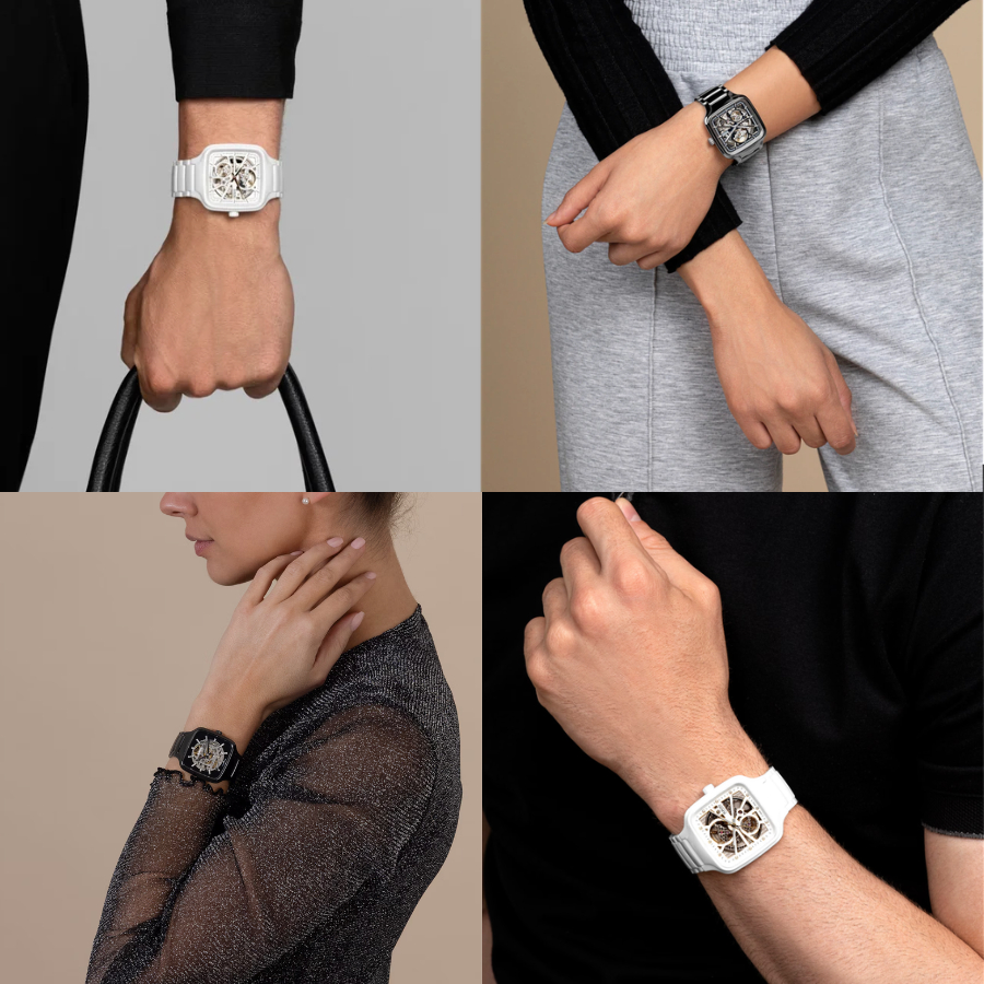 Chất liệu gốm cao cấp của đồng hồ Rado Jubilé mặt vuông với dây đeo đen, trắng