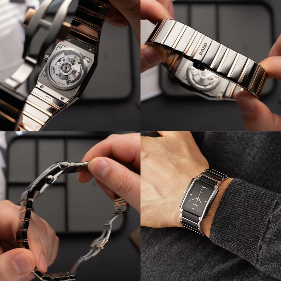 Kiểm tra dây, mặt kính và cạnh ceramic của thiết kế đồng hồ Rado Jubilé mặt vuông