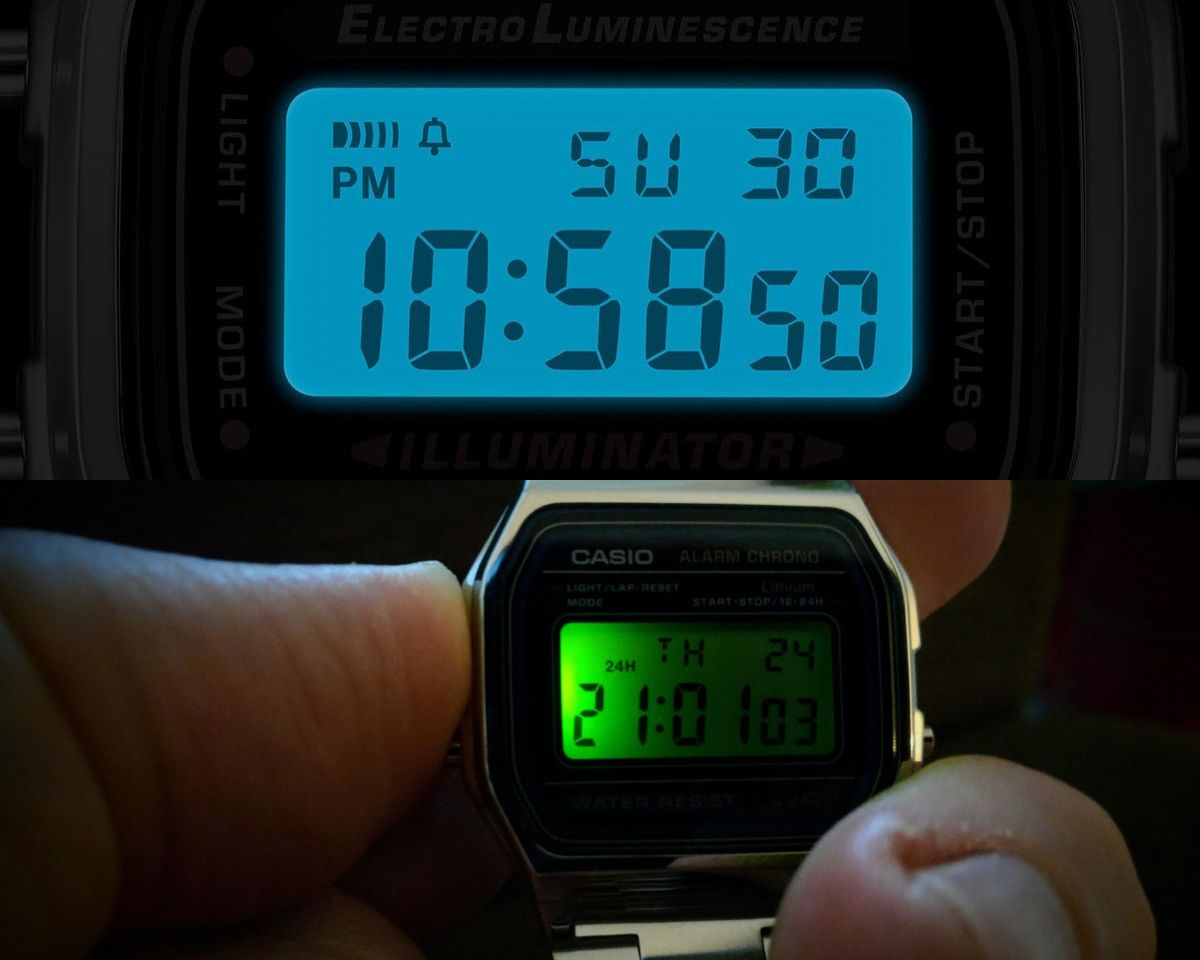 Phía trên là hình Casio A168 với đèn lục lam đều màn hình. Phía dưới là hình Casio A158 với đèn xanh lá chiếu từ một phía.