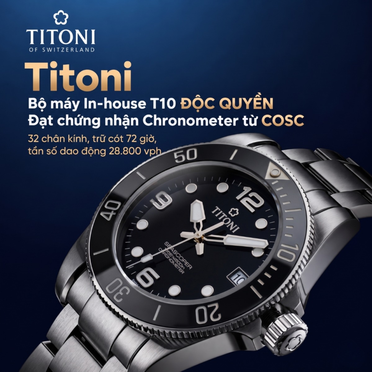Bộ máy In-house T10 trên đồng hồ Titoni Seascoper 600